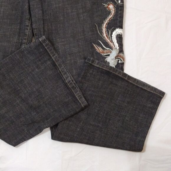 Y2K Faded Black Floral Eagle Embroidered Flare Jeans Plussize 24W - Picture 9 of 17